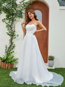 YUMIBRAVO 法式褶皱紧身胸衣薄纱拖尾婚纱白色优雅新娘礼服，新娘 - 白色 - 查看 5