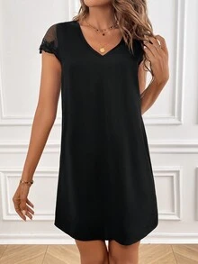 SHEIN Frenchy Của phụ nữ Màu thuần Ren Không lưng Dây đeo Đầm - màu đen - Xem 4