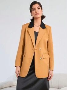 Aveloria Blazer De Manga Larga Con Cuello De Solapa Y Bloqueo De Color Para Mujer