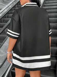 SHEIN Coolane 字母和條紋圖案的大尺碼寬鬆襯衫 - 黑與白 - 查看 3