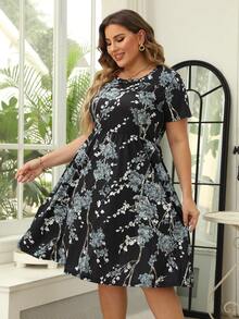 Nemidor Plus Size Floral Printed Dress - Black - View 4