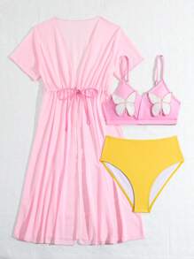 Teen Girl's 3d Butterfly Decorated Bikini Set With Drawstring Waist Kimono Cover Up Summer Beach - Multicolor - View 5