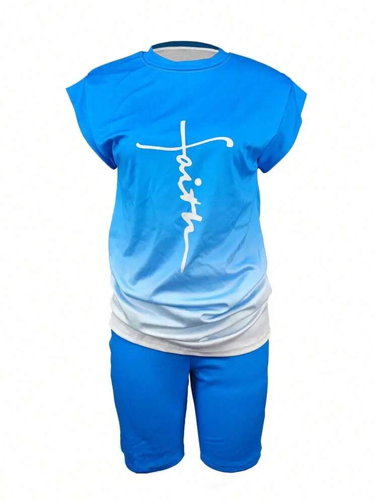 Women'S Plus Size Ombre Letter Print T-Shirt And Solid Color Shorts Set