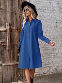 SHEIN LUNE Ladies' Solid Color Button-Front Shirt Dress - Blue - View 5