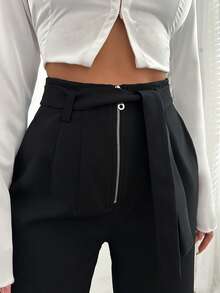 EURMUSE Women's Solid Color Pants With Zipper Fly - Black - View 3