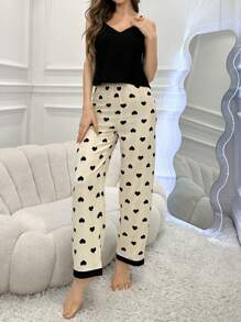 Snug Reverie Color-Block Heart Print V-Neck Cami Top And Pants Sleepwear Set Pajama Set - Black and White - View 4