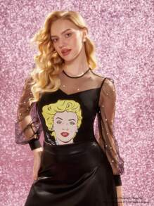 Marilyn Monroe X SHEIN Body con stampa di caratteri, decorato con contrasto di rete e perle finte