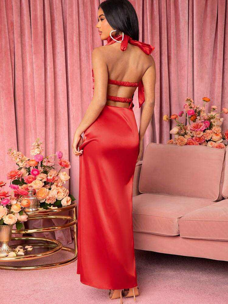 3D Rosette Choker Twist Backless Dress
