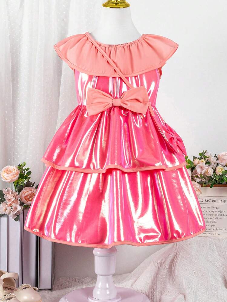 Young Girls' Ruffle Edged Color-Block Dress With Bow Decoration