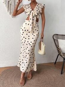 Breezaya Của phụ nữ In vết tròn Polka Peplum Hem Nút phía trước Áo Và Váy nàng tiên cá Hai chiếc Bộ - Màu be - Xem 4