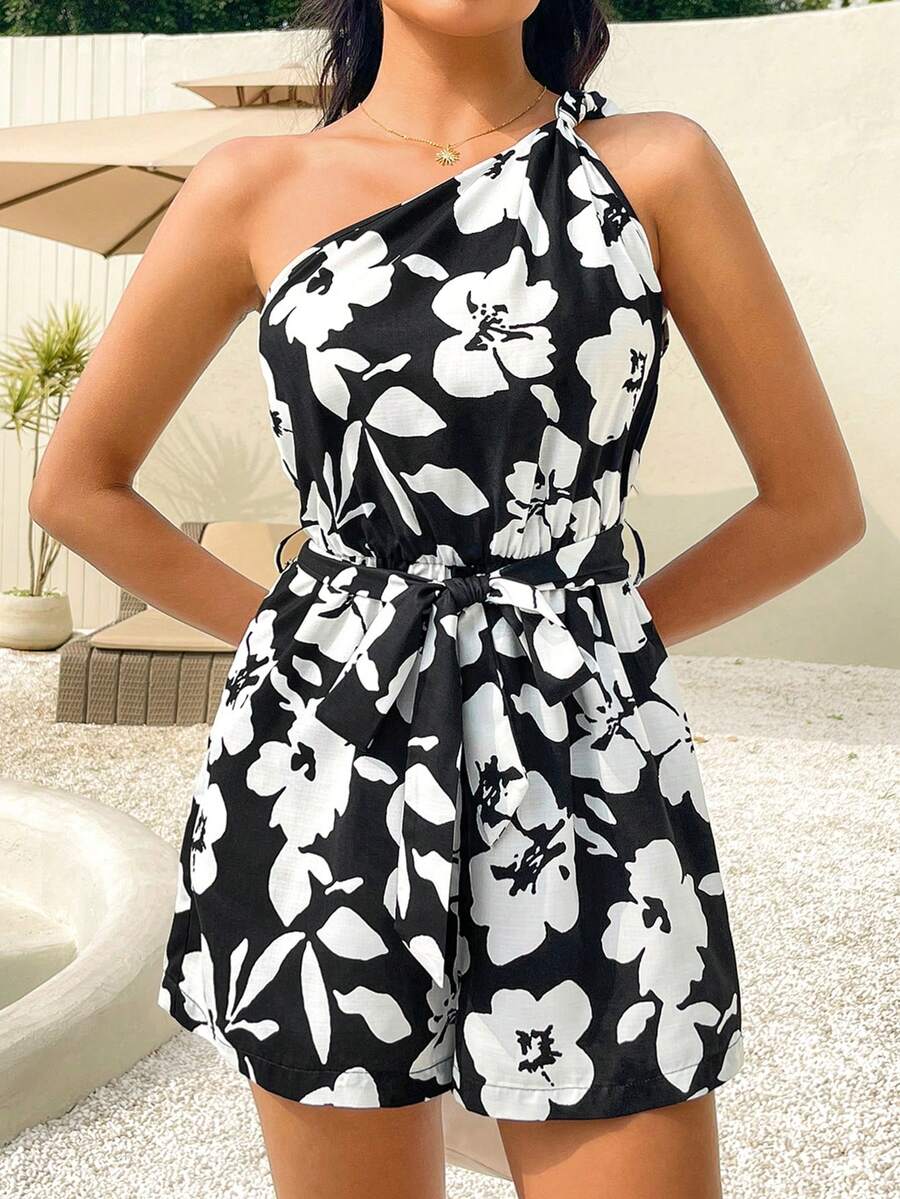 Soleia 女裝花卉印花單肩無袖連體褲 - 黑與白 - 查看 1