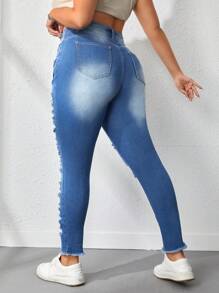 SHEIN EZwear 有磨損細節的加大碼貼身牛仔褲 - 藍色 - 查看 2