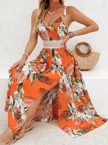 SHEIN VCAY Women's Lace Patchwork Flower Summer Long Beach Dress For Vacation