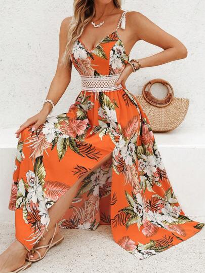 SHEIN VCAY Women's Lace Patchwork Flower Summer Long Beach Dress For Vacation