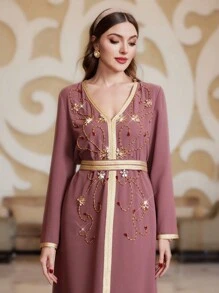 Al Najma 水晶珠饰 V 领长袖连衣裙