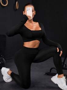 SHEIN Tennis Casual Của phụ nữ Cổ vuông Chất rắn Có màu sắc Ngắn Thể thao Áo thun - màu đen - Xem 3