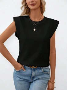 SHEIN LUNE Quý cô Màu thuần Vòng cổ Áo thun - màu đen - Xem 6