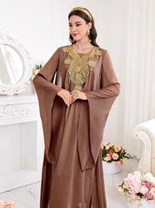 Al Najma Women'S Water-Soluble Lace Patchwork Flare Sleeve Dress Eid Dress