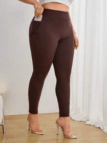 SHEIN Essnce 加大尺寸高腰側邊條紋運動口袋緊身褲 - 咖啡棕 - 查看 5