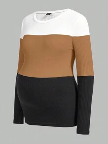 SHEIN Camiseta De Punto Acanalado Con Bloques De Color Para Maternidad - Multicolor - Ver 3