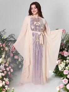 女士米色蝙蝠袖亮片拼布阿拉伯风格连衣裙