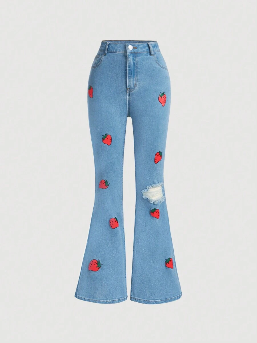 SHEIN Quần jean ống loe dành cho tuổi teen thường ngày của cô gái tuổi teen - Rửa nhẹ - Xem 1