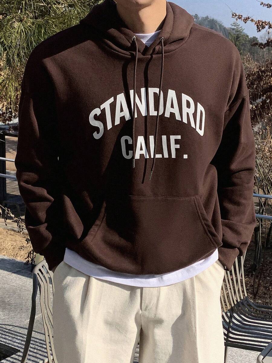 DAZY 男款字母圖案束線帽頭下垂肩運動衫 - 咖啡棕 - 查看 1