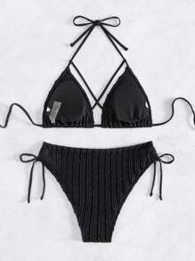 SHEIN Swim Solid Color Triangle Halter Top And Side Tie Triangle Bottom Bikini Set Summer - Black - View 4