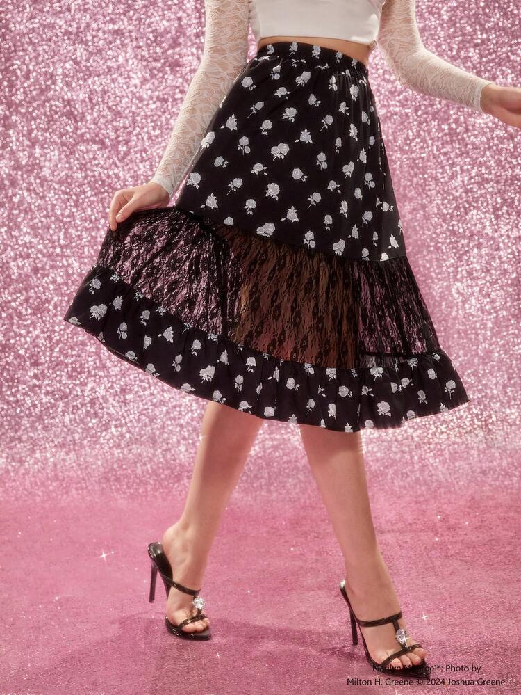 Floral Printed Contrast Lace Skirt