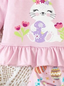 女婴粉色可爱兔子和复活节彩蛋印花宽松长袖T恤和长裤两件套睡衣套装 - 粉色 - 查看 7