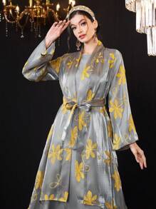 Al Najma Bộ trang phục 2 món gồm váy tay loe cổ tròn màu trơn dành cho nữ + áo khoác thêu họa tiết - Xám - Xem 1