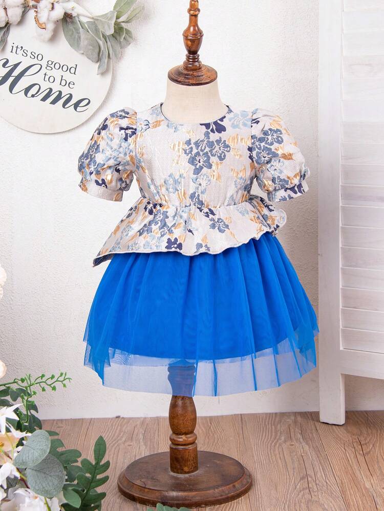 Baby Girl Round Neck Puff Short Sleeve Jacquard Spliced Mesh Dress