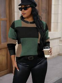 Calvaya 女士加大號彩色拼接圓領毛衣