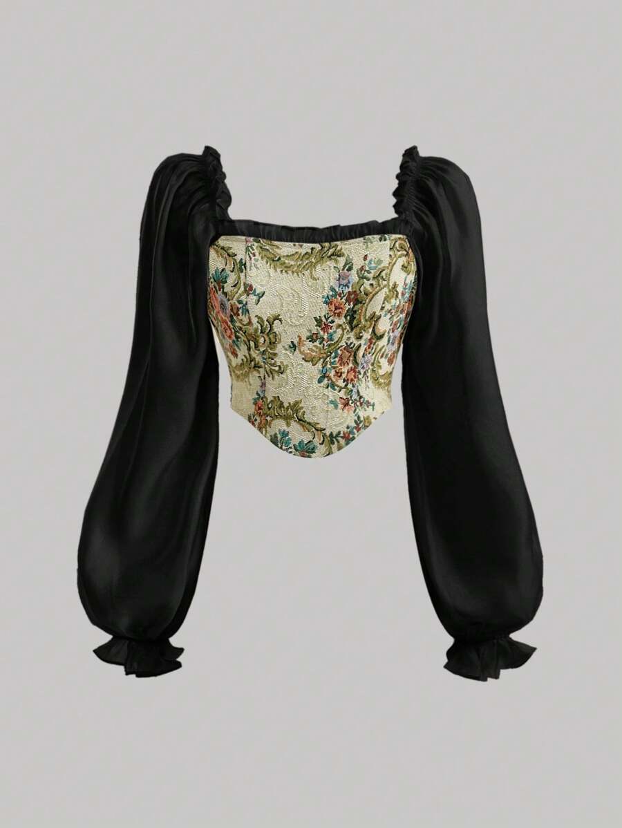 SHEIN MOD 女款色塊燈籠袖衣,不對稱下擺和荷葉邊袖口 - 黑色 - 查看 1