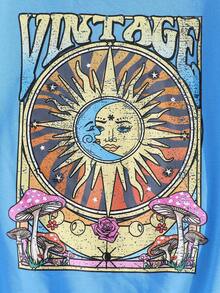 SHEIN 女大童太陽&字母圖案落肩T恤 - 寶藍色 - 查看 4