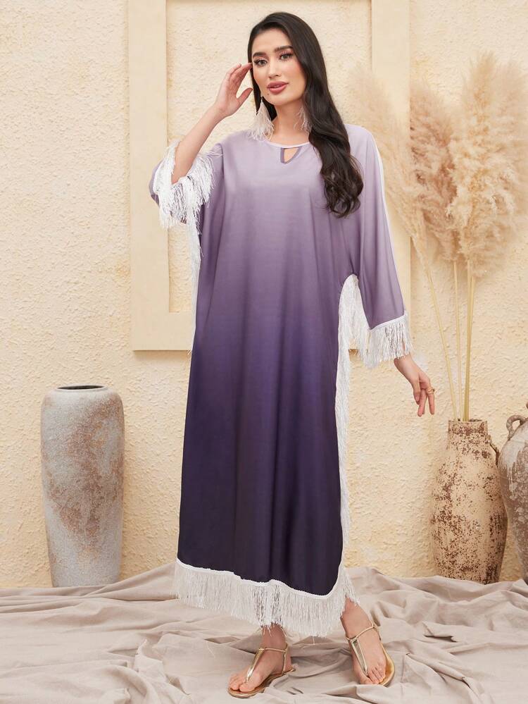 Women's Gradient Turkish Long Cardigan With Tassel Hem Kaftan Jalabiya Dress