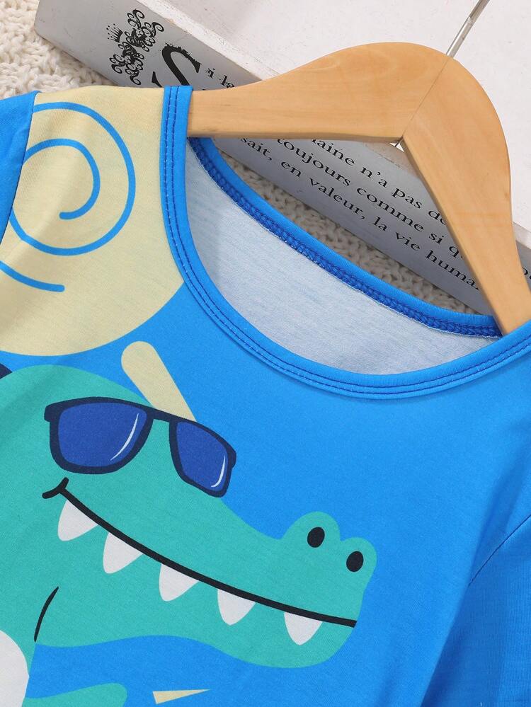 Young Boys' Blue Cartoon Dinosaur Printed Short Sleeve T-Shirt And Shorts Homewear Set