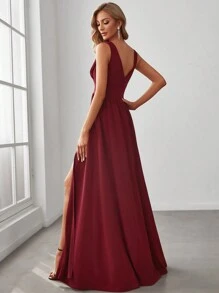 Spring V-Neck High Waist Slit Formal Dress, Burgundy Bridesmaid Dress, Wedding Guest Dress, Women's Christmas Party Dress - Burgundy - View 3