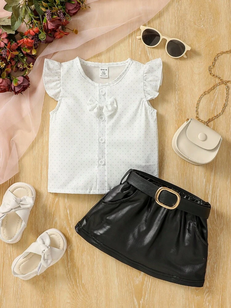 Baby Girl Street Style Polka Dot Flutter Sleeve Shirt And Glossy Faux Leather Skirt Set, Fashionable And Cute For Spring And Summer