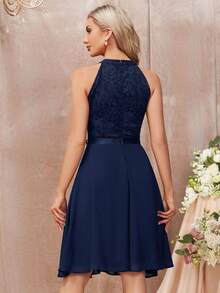 MIUSOL Floral Lace Halter Neck Ruffle Trim Chiffon Prom Party Swing Dress Elegant Semi Formal Wedding Guest Dress, For Birthday, Graduation, Homecoming - Navy Blue - View 2