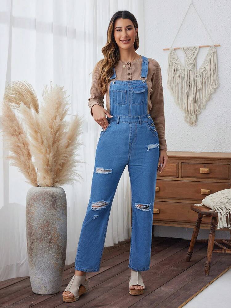 1pc Solid Color Ripped Denim Overalls Jumpsuit