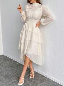 SHEIN Privé Women's Stand Collar Lantern Sleeve Cinching Waist Ruffle Hem Dress