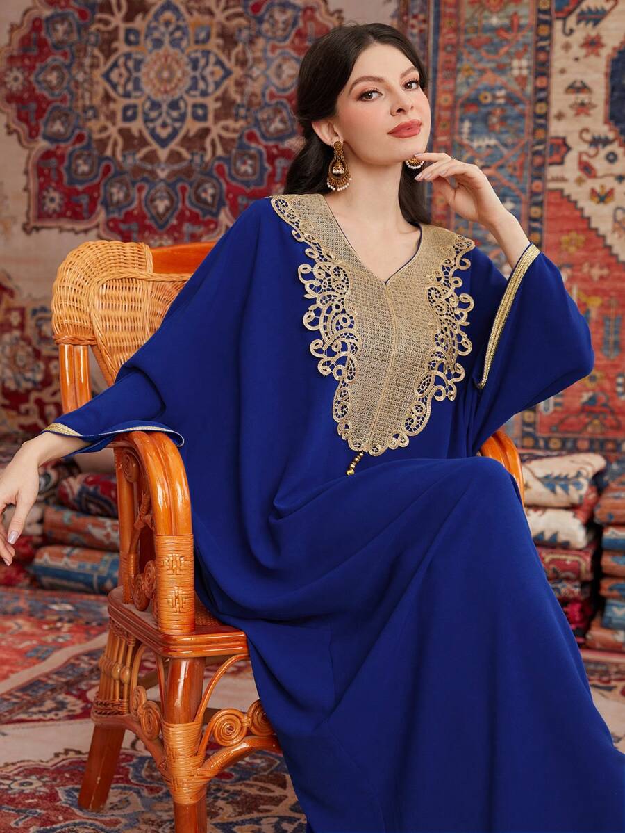 Al Najma 女式蝙蝠袖土耳其长款花卉刺绣装饰朴素卡夫坦阿拉伯连衣裙