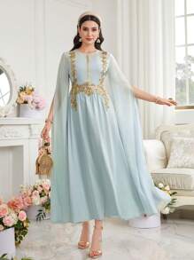 Al Najma Women's Long Sleeve Arabic Style Dress With Flower Decoration And Front Split - Mint Green - View 6