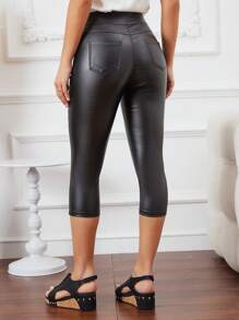 SHEIN LUNE 女式时尚休闲纯色交叉系带修身七分裤 - 黑色 - 查看 2