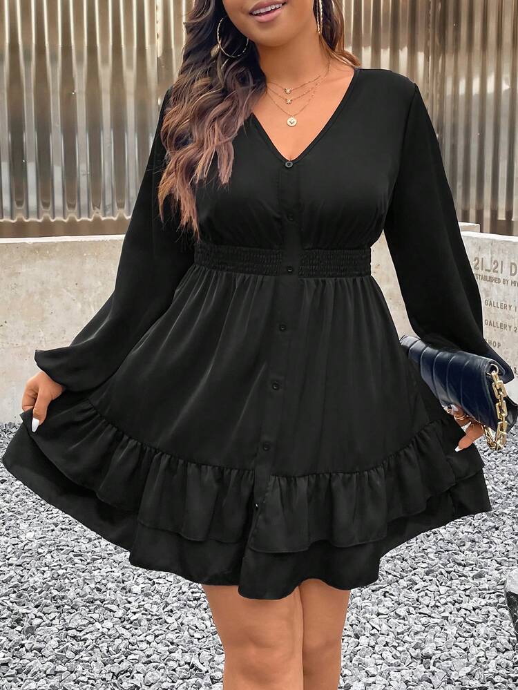 Plus Size Women's Lantern Sleeve Dress With Ruffled Hemline