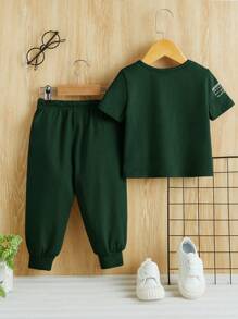 SHEIN Leap Crew Đứa bé trai Giải trí & Thoải mái Slogan In Thể thao Bộ đồ - Màu xanh lá cây đậm - Xem 8