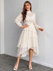 SHEIN Privé Women's Stand Collar Lantern Sleeve Cinching Waist Ruffle Hem Dress