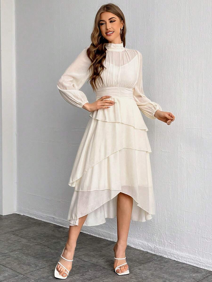 SHEIN Privé Women's Stand Collar Lantern Sleeve Cinching Waist Ruffle Hem Dress