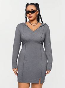 SHEIN EZwear CURVE Plus Size V-Neck Hooded Drawstring Hem Slit Dress - Dark Grey - View 6